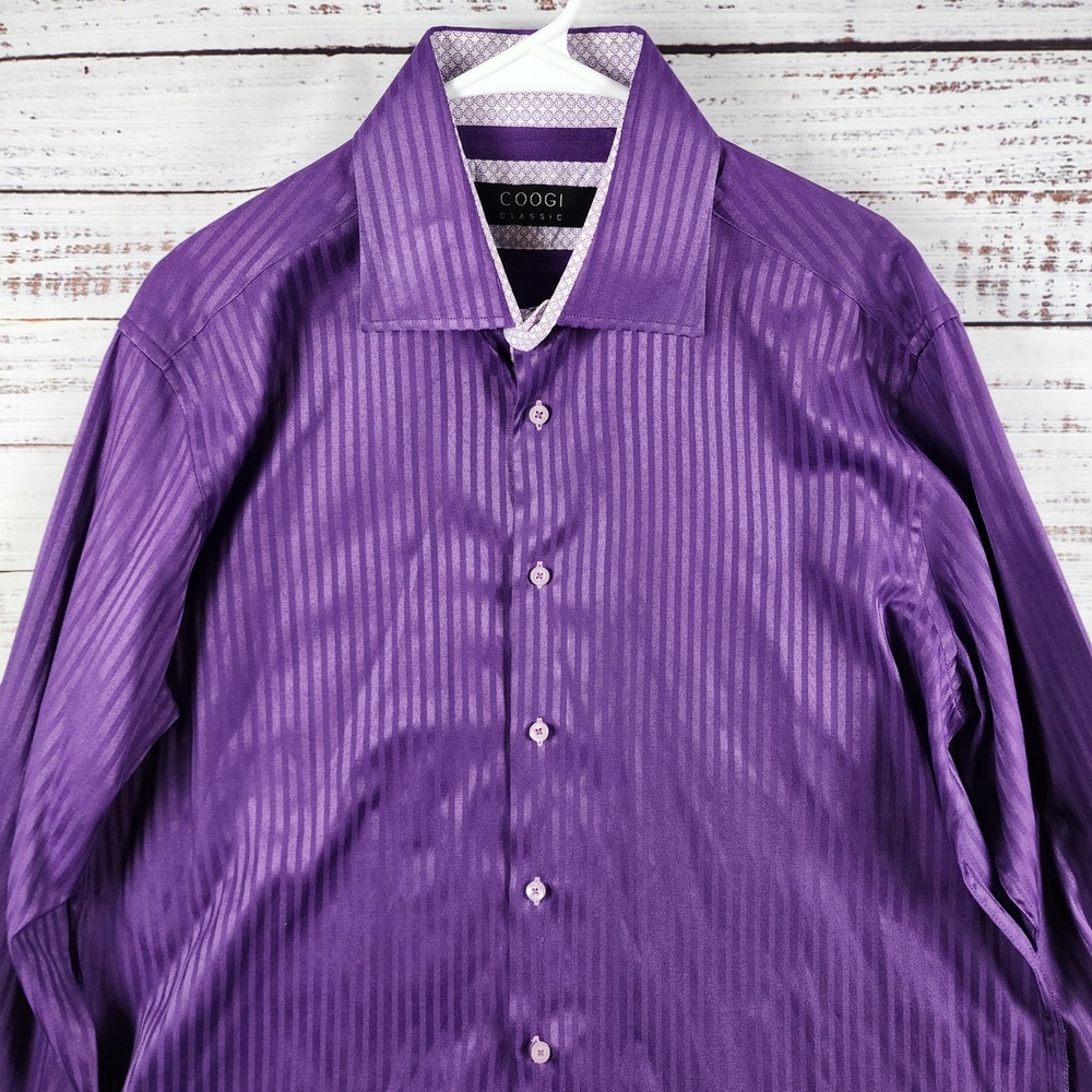 Coogi Classic Shirt Mens XL Regular Fit Striped Button Up Flip Cuff Purple
